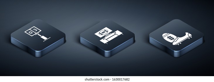 Set Isometric Sport football mechanical scoreboard and result display, Soccer or football shoes with spikes and American football on tv program and stand icon. Vector