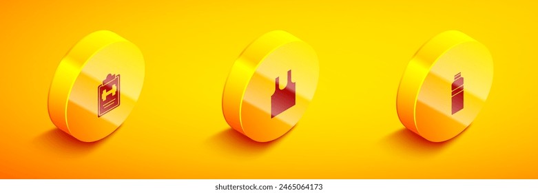 Set Isometric Sport training program, Sleeveless T-shirt and Fitness shaker icon. Vector