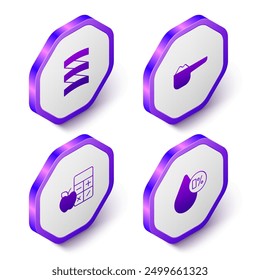 Set Isometric Sports nutrition proteine, Calorie calculator and Water balance icon. Purple hexagon button. Vector