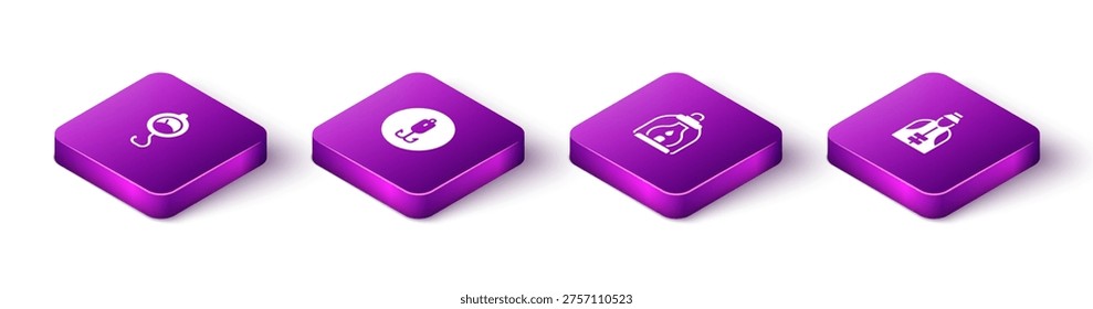 Set Isometric Spring scale, Fishing hook, Camping lantern and Fisherman icon. Vector