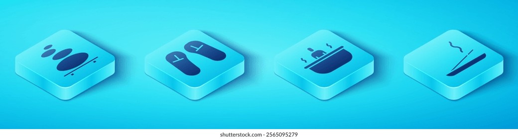 Set Isometric Stack hot stones, Slipper, Scented spa stick and Bathtub icon. Vector