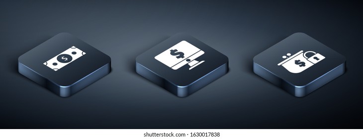 Set Isometric Stacks paper money cash, Closed wallet with lock and Computer monitor with dollar symbol icon. Vector