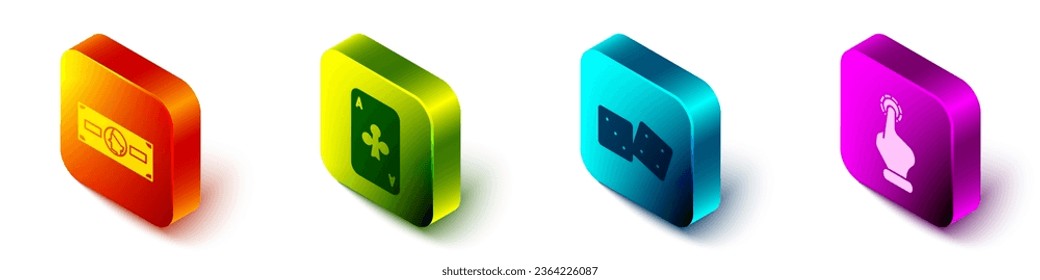 Legen Sie isometrische Stacks Papiergeld Bargeld, Spielkarte mit Clubs, Spielwürfel und Hand hält Casino Chips Symbol. Vektorgrafik