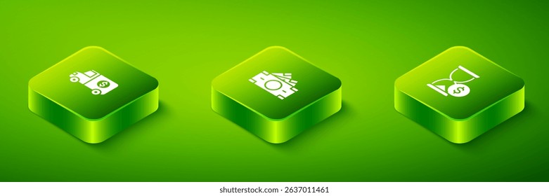 Set Isometric Stacks paper money cash, Hourglass with dollar and Armored truck icon. Vector
