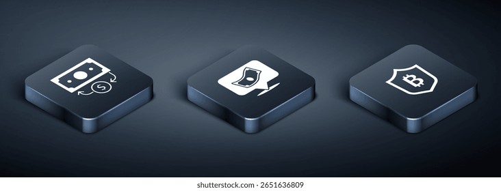 Defina Isometric Stacks dinheiro papel, Escudo com bitcoin e ícone. Vetor