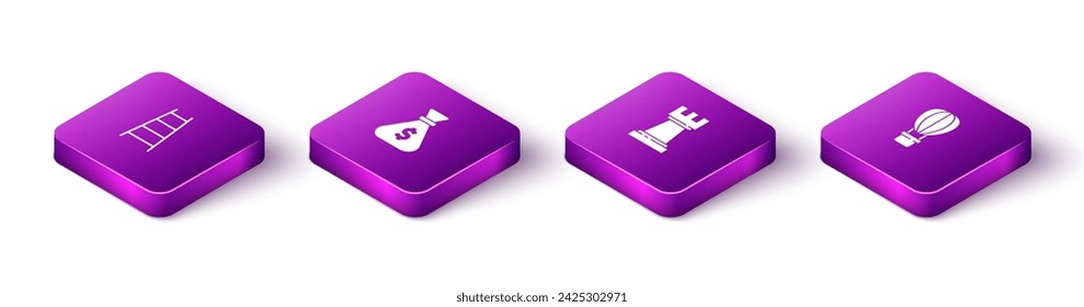 Set Isometric Stair with finish flag, Money bag, Chess and Hot balloon icon. Vector