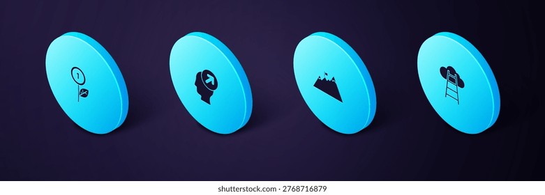 Set Isometric Stair with finish flag, Mountains, Head hunting concept and Dollar plant icon. Vector