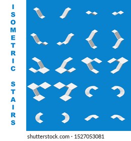 Set of isometric staircase vector icon isolated on blue background.