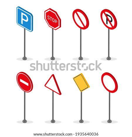 Set of isometric standing road signs isolated on white background. Traffic signboard. Vector illustration.