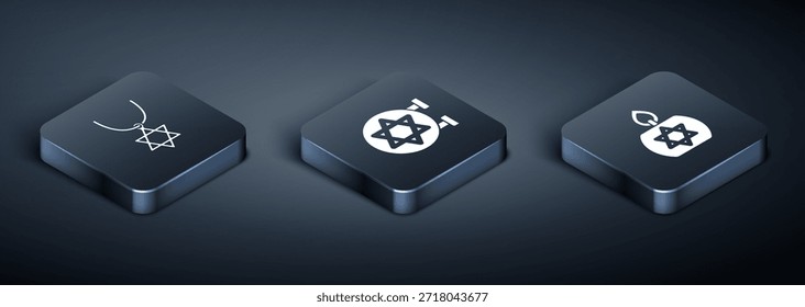 Collar isométrico de la estrella de David en cadena, vela ardiente e icono de sinagoga judía. Vector