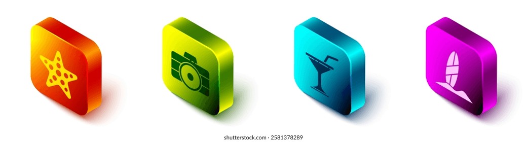 Set Isometric Starfish, Photo camera, Martini glass and Surfboard icon. Vector