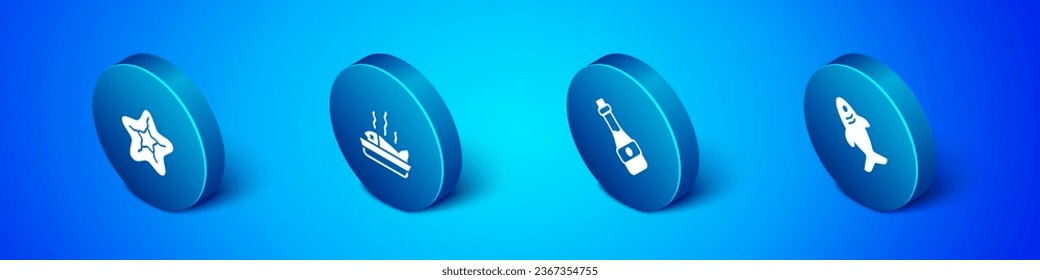 Set Isometric Starfish, Soy sauce bottle, Shark and Served on plate icon. Vector