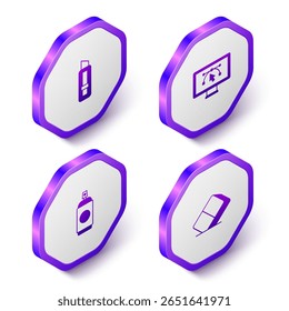 Set Isometric Stationery knife, Computer with design program, Paint spray can and Eraser or rubber icon. Purple hexagon button. Vector