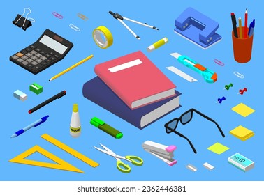 Set of isometric stationery. School and office supplies. 3d icon. Notebook, pencil, pen, marker, eraser, sharpener, ruler, scissor, glue, tape, compass, clip, pin, stapler, textliner, cutter knife. 