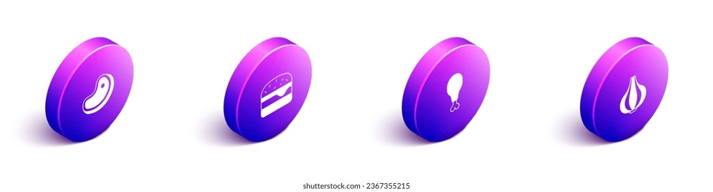 Set Isometric Steak meat, Burger, Chicken leg and Garlic icon. Vector