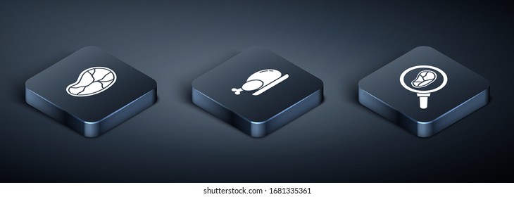 Set Isometric Steak meat, Steak meat in frying pan and Roasted turkey or chicken icon. Vector