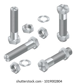 Set of Isometric Steel Screws, Bolts, Nuts and Rivets. Isolated Vector Elements