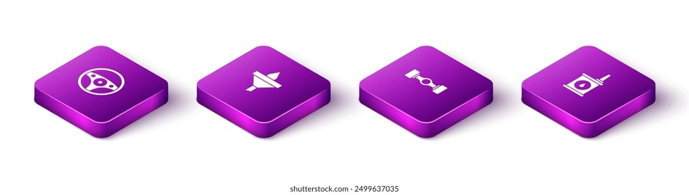 Set Isometric Steering wheel, Funnel and oil drop, Chassis car and Canister for motor icon. Vector