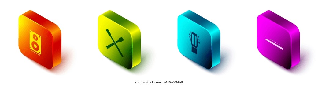 Set Isometric Stereo speaker, Drum sticks, Guitar and and drum icon. Vector