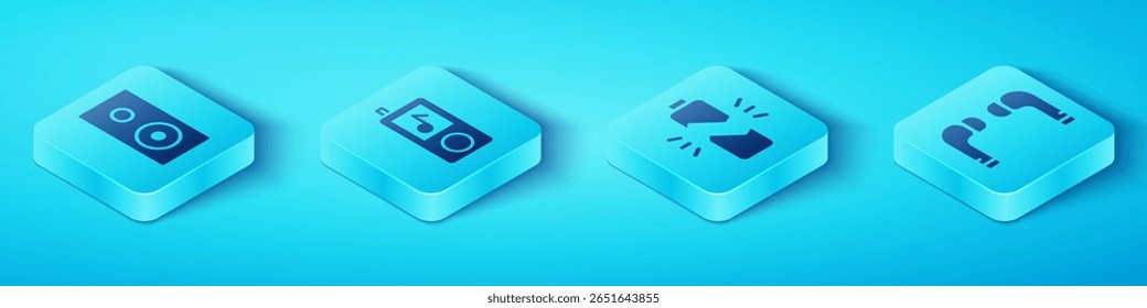 Definir alto-falante estéreo isométrico, player de música, fones de ouvido com ar e ícone de bateria quebrado. Vetor