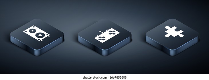 Set Isometric Stereo Lautsprecher, Piece of puzzle und Gamepad Symbol. Vektorillustration