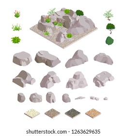 Set of isometric stone rock flower and bushes on gravel ground for decoration in park house building.