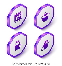 Set Isometric Stop bee, Beekeeper with protect hat, Jar of honey and and honeycomb icon. Purple hexagon button. Vector