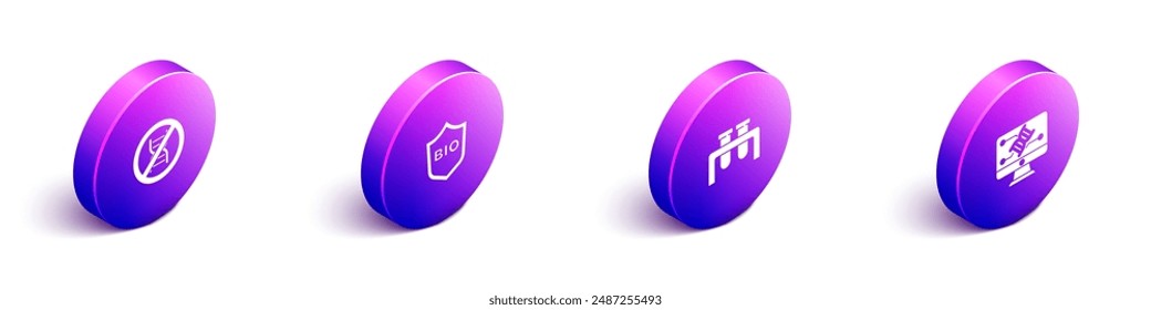 Set Isometric Stop GMO, Shield for bio healthy food, Test tube and flask and Genetic engineering modification icon. Vector