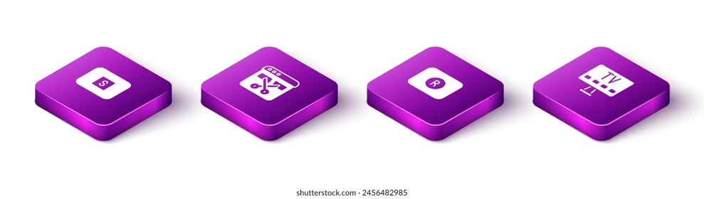 Set Isometric Stop media button, Video recorder or editor, Record and Smart Tv icon. Vector