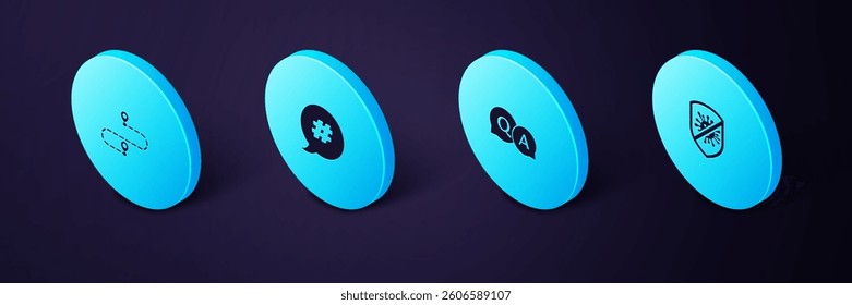 Set Isometric Stop virus, bacteria, Question and Answer, Hashtag speech bubble and Route location icon. Vector