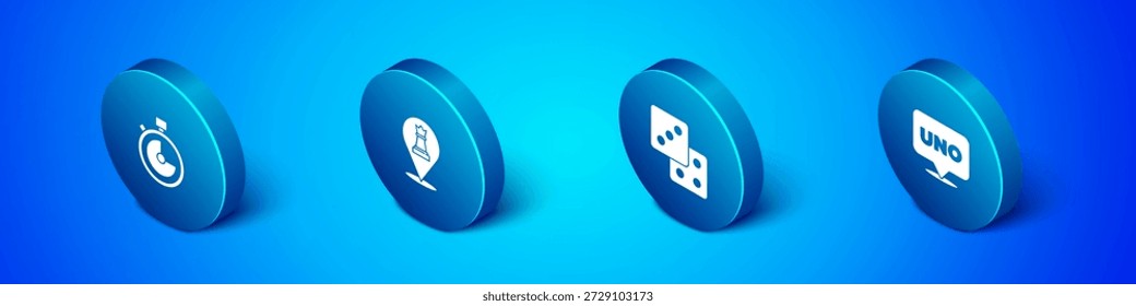 Definir cronômetro isométrico, dados do jogo, jogo de cartas Uno e ícone de xadrez. Vetor