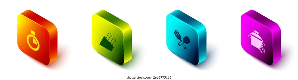 Set Isometrische Stoppuhr, Messer, Gabel und Löffel gekreuzt und Kochtopf Symbol. Vektorgrafik
