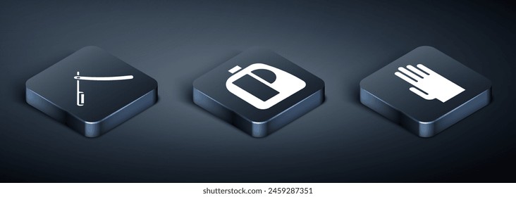 Set Isometric Straight razor, Rubber gloves and Bottles for cleaning agent icon. Vector