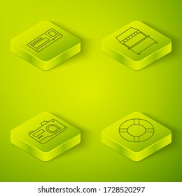Set Isometric Street stall with awning, Photo camera, Lifebuoy and Travel ticket icon. Vector