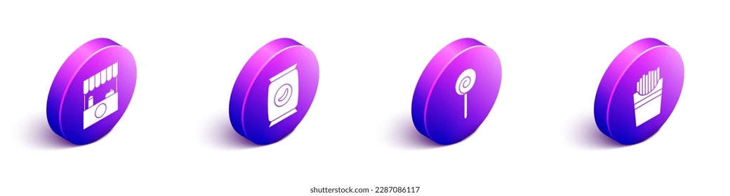 Set Isometric Street stall with awning, Bag or packet potato chips, Lollipop and Potatoes french fries in box icon. Vector