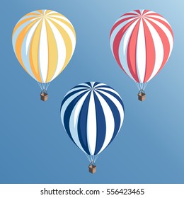 Set isometric striped hot air balloons flying in the blue sky vector illustration