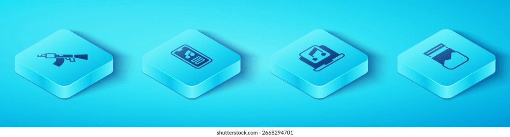 Conjunto de subametralladora isométrica, reproductor de música, bolsa de plástico de la droga y portátil con icono de música. Vector