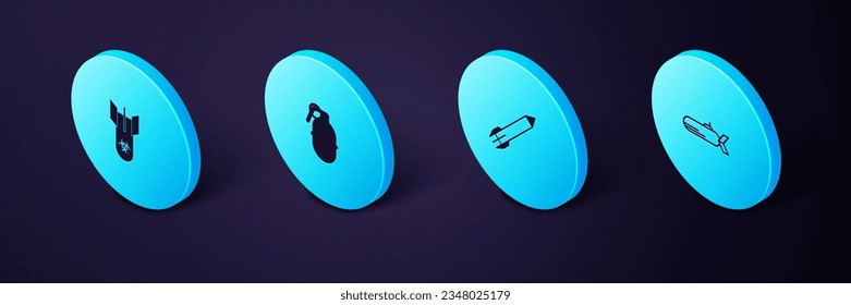 Isometrisches U-Boot, Rakete, Handgranate und Biorisk-Bombe-Symbol festlegen. Vektorgrafik