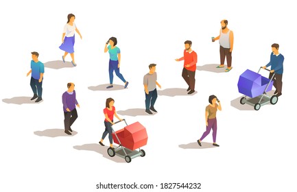 Set of isometric suburban people. 3D low poly vector illustration