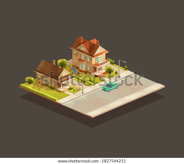 Set of isometric suburbian\
family houses on street with the car. Low poly vector\
illustration