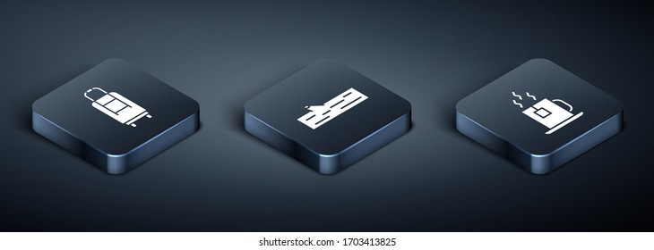 Set Isometric Suitcase, Cup of tea with tea bag and Wooden log icon. Vector