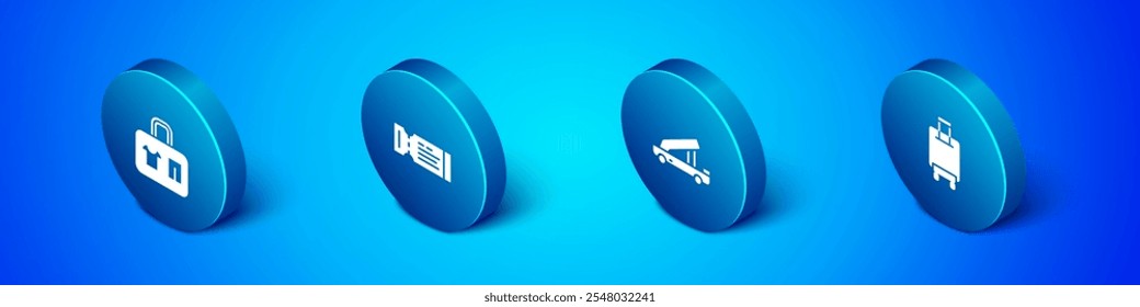 Set Isometric Suitcase, Passenger ladder,  and Airline ticket icon. Vector