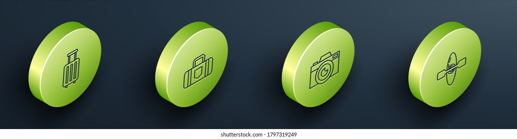 Set Isometric Suitcase, , Photo camera and Kayak or canoe icon. Vector
