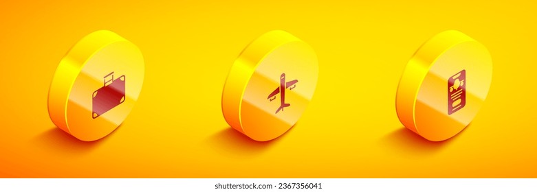 Set Isometric Suitcase, Plane and Mobile with ticket icon. Vector