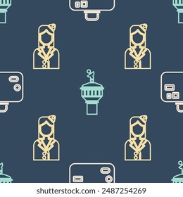 Set Isometric Suitcase, Stewardess and Radar icon. Vector