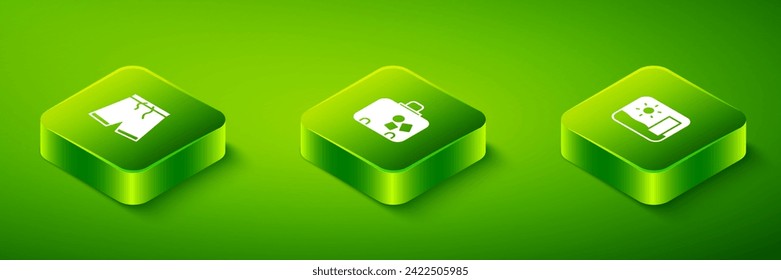 Set Isometric Suitcase, Travel postcard and Swimming trunks icon. Vector