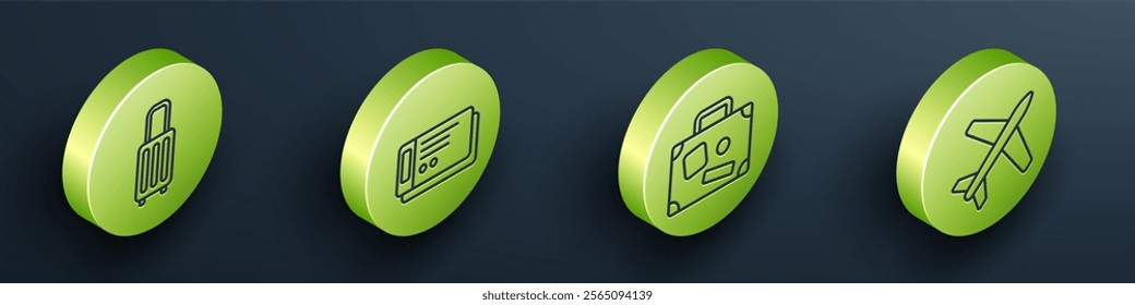 Set Isometric Suitcase, Travel ticket, Suitcase and Plane icon. Vector