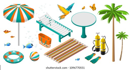 Set of isometric summer beach holiday objects. Isolated on white vector illustration