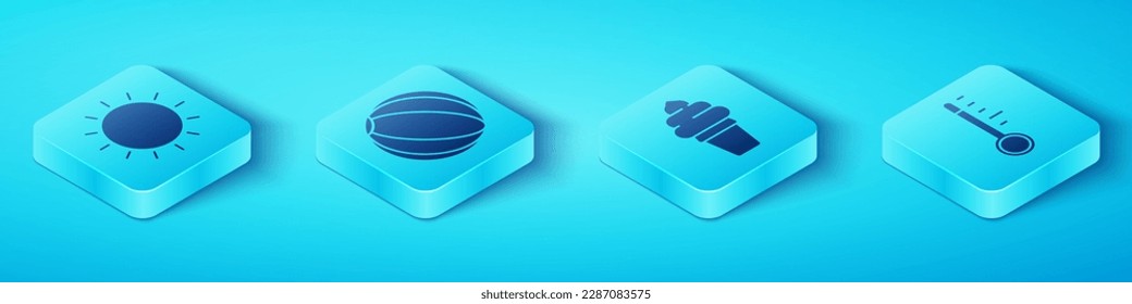 Set Isometric Sun, Beach ball, Meteorology thermometer and Ice cream in waffle cone icon. Vector