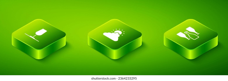 Set Isometric Sun and cloud weather, Bottles of wine and Wine glass icon. Vector